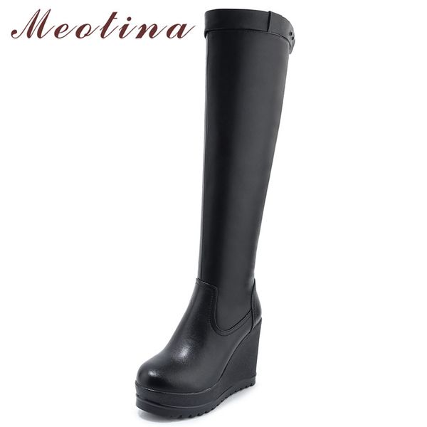 

meotina genuine leather knee high boots women platform wedge high heel long boots cow leather zipper shoes ladies winter size 40, Black