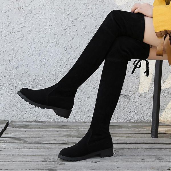 

winter over the knee boots women stretch fabric thigh high woman flat shoes long bota feminina, Black