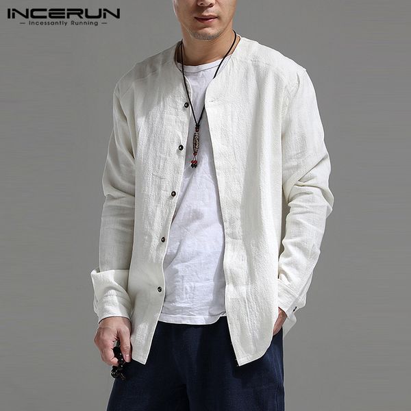 

incerun fashion cotton linen men long sleeve pure color casual shirt personality youth button literary small fresh mens blouse, White;black