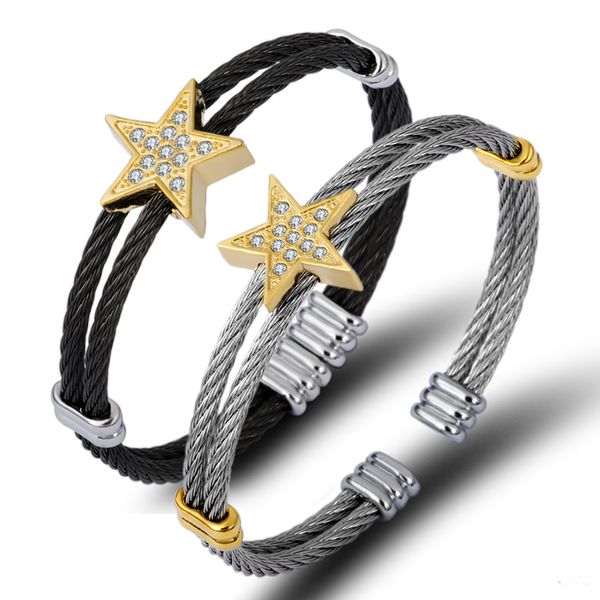 

cubic zirconia crystal star bangle & bracelet couple cable twist cuff bracelet for women men european jewelry accessories, Black