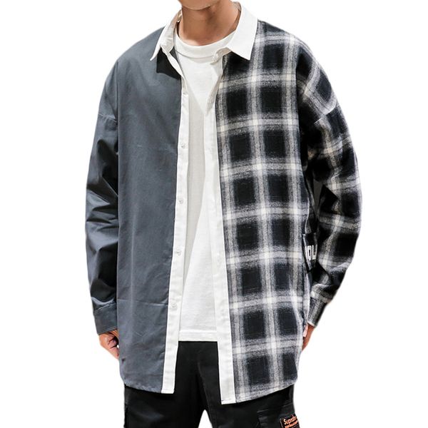 

autumn day stitching contrast color plaid long sleeve shirt male large size loose hip hop coat shirt regular patchwork 50cs, White;black