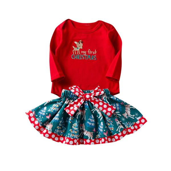 

2pcs my first christmas newborn baby girls boys long sleeve romper + 1 pc skirt cartoon baby sets cotton clothing 3-24m, White