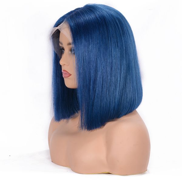 

full lace human hair wigs for women natural black blue color remy hair silky straight short bob lace front human hair wigs, Black;brown