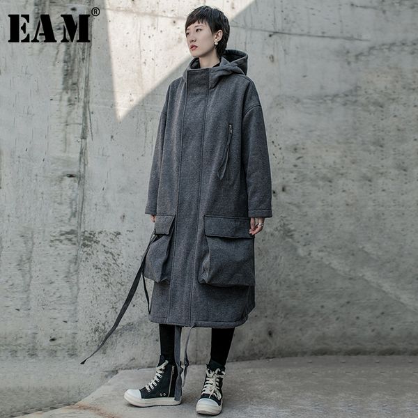 

eam] loose fit gray split big size fleece long jacket new lapel long sleeve women coat fashion tide autumn winter 2019 19a-a818, Black;brown