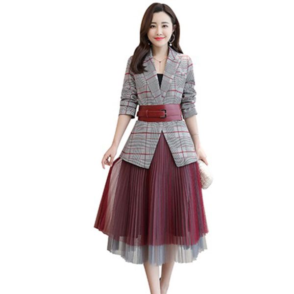 

2019 spring new fashion 2-piece set women turn-down collar full sleeve plaid female patchwork mesh elastic waisted skirt 133, White