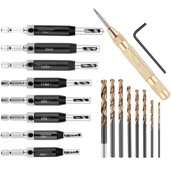 

self-centering hinge tapper core drill bit set (16pcs) with automatic center punch(1pc) for woodworking adjustable door wind