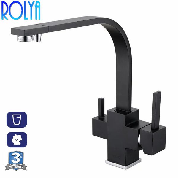 Rolya torneira de cozinha quadrada preta fosca, misturador de pia de fluxo cromado escovado, osmose de cobre, filtro de água de 3 vias, tap303o