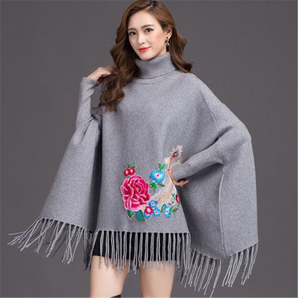 

2019 new tassel coak sweater shawl coat autumn winter embroidered bat shirt turtleneck pullover sweater women's clothing a1252, Black