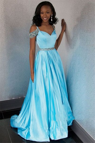 

Off Shoulder Long A-Line Prom Dresses 2019 Beads Spaghetti Straps Satin Evening Dresses Wear Blue Informal Party Gowns