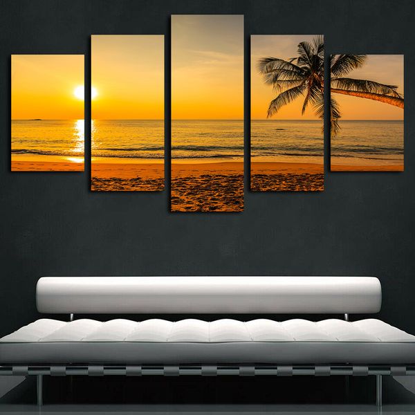 

giclee canvas prints 5 panels modern artwork tropical beach sunset palm tree landscape pictures printed on canvas wall art for home decor