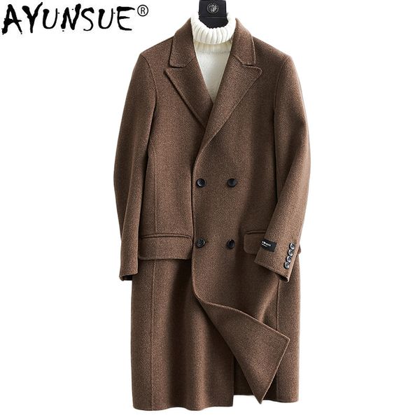

ayunsue double breasted 100% wool coat men korean style handmade spring autumn long jacket men overcoat erkek mont kj1586, Black