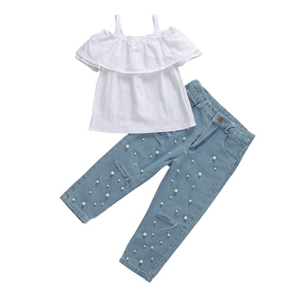

fashion toddler kid baby girl off shoulder ruffle shirt pearl decoration denim long pants outfit clothes set 2pcs, White