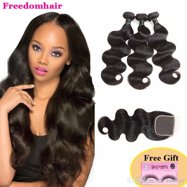 

body wave human hair 3 bundles with 4x4 closure brazilian virgin hair weave bundles with closure 4x4 lace closure and hair extensions, Black