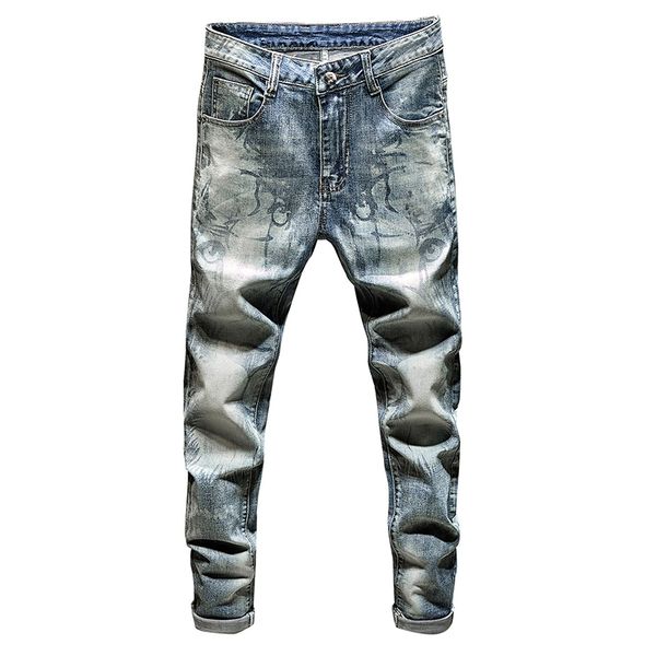

sokotoo men's vintage blue printed jeans fashion slim fit stretch denim pants