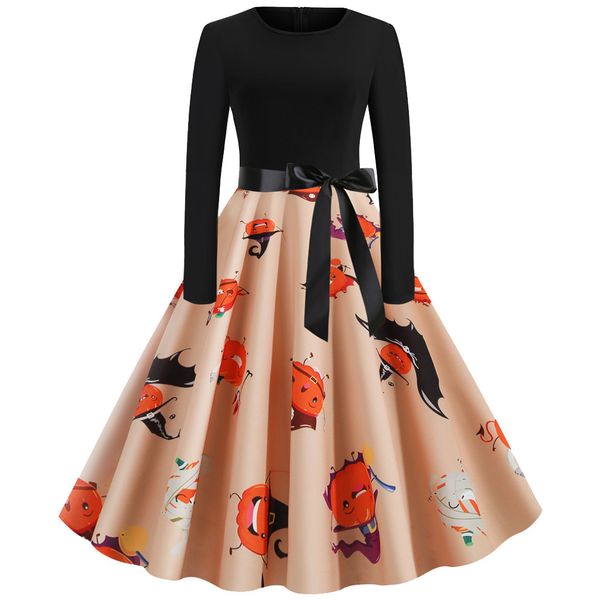 

рождество-line платья женская мода круглый воротник печатных шить с длинными рукавами платье высокой талией платье рождество платье#g1, Black;gray