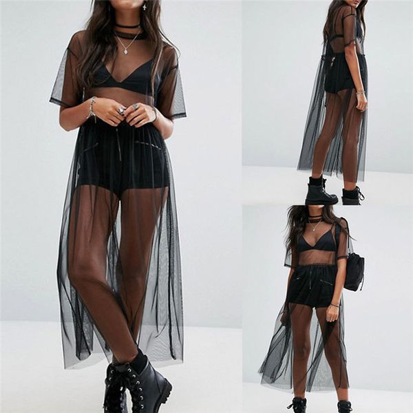 

women summer mesh dress music festival sheer cover up dress female fashion long black vintage sexy, Black;gray