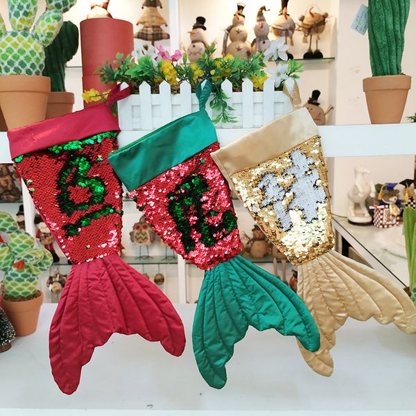 

new design christmas sequins mermaid stockings discoloration bead piece mermaid tail christmas tree pendant stockings gift bag 5083