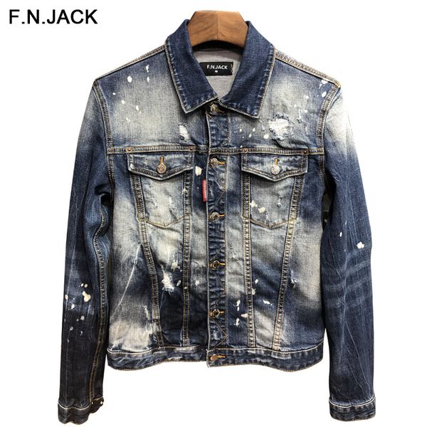 

f.n.jack hi-street men denim jackets washed patchwork elastic man slim fit streetwear hiphop vintage jacket for male, Black;brown