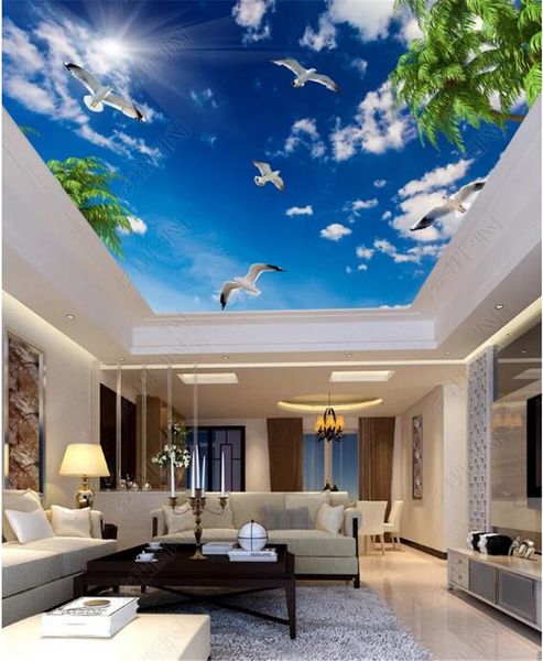 

современные 3d фото обои голубое небо и белые облака я чайка листья обои домашний интерьер гостиной потолок зала росписи стены