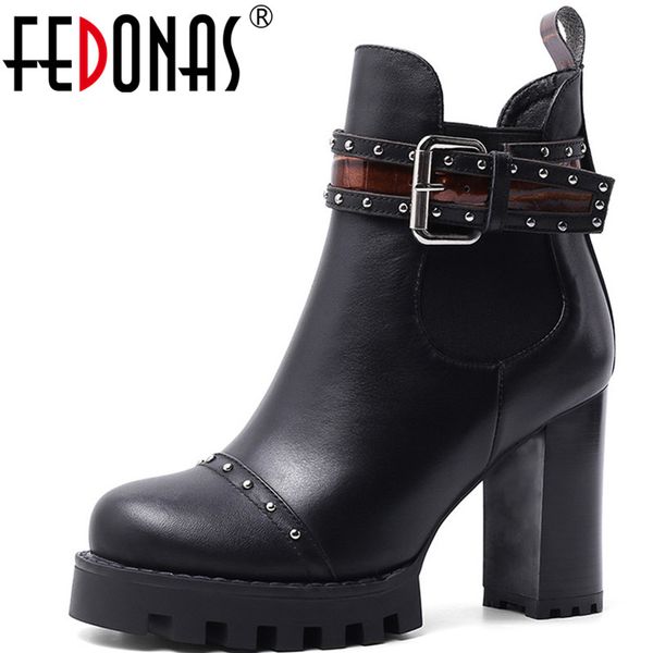 

fedonas genuine leather women autumn winter party shoes woman metal decoration ankle boots high heels women brand design boots, Black