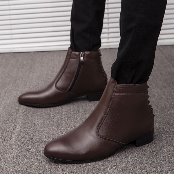 

england style casual boots large size pointed toe leather men booties convenient zip business dress men's high-shoes, Black