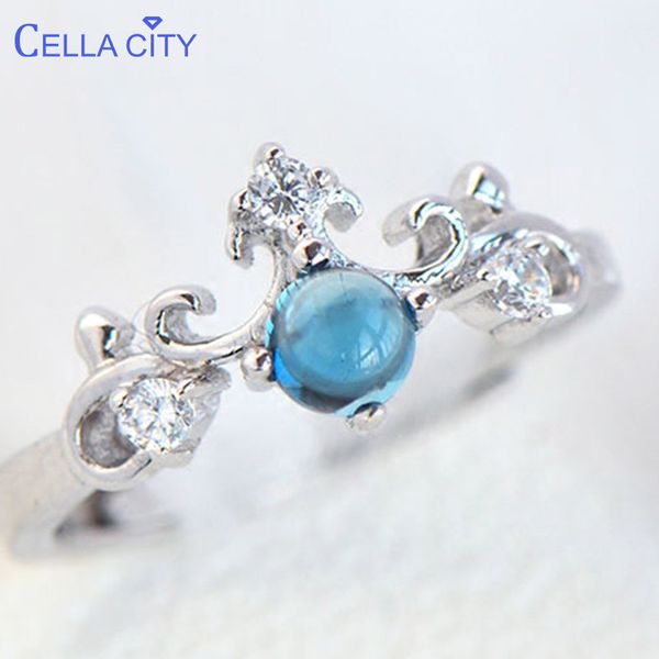 

cellacity 925 silver ring with round creative aquamarine gemstone crown shape silver jewelry party gift wholesale, Golden;silver