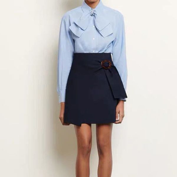 

women's retro mini skirt ring buckle high waist knotted spring and summer new skirts lady's clothings, Black