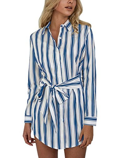 

ninimour womens self-belt stripe print casual shirt blouse dress, Black;gray