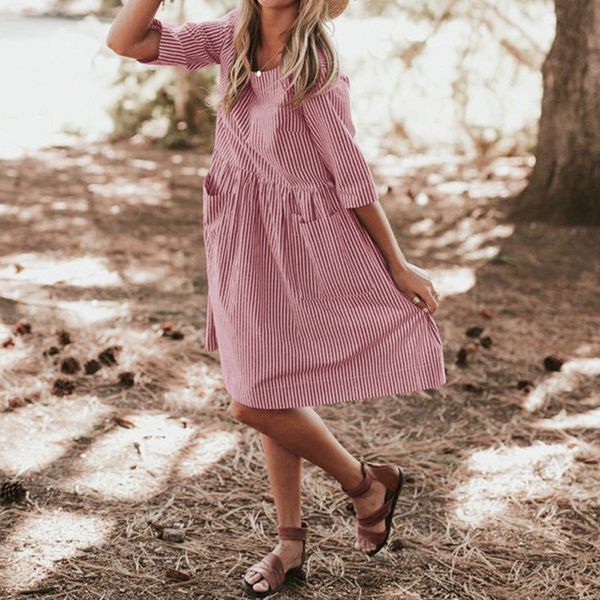 

ladies dresses womens clothing women dress women half sleeve summer style women clothing casual striped loose knee length pocket dress, Black;gray