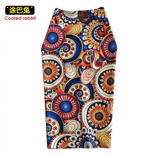 

cr spring summer vintage fashion printed pencil skirt midi women knee-length elastic high waist ladies circular pattern skirts, Black