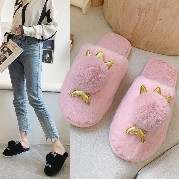 

fur shoes woman's slippers low flower flock winter footwear slides plush 2019 flat with fur floral pu rubber autumn hoof heels, Black