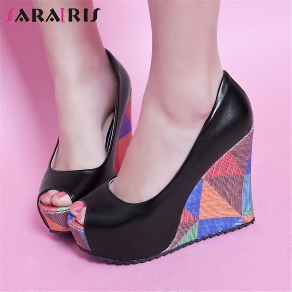 

sarairis brand new wedges pumps ladies high heels peep toe platform women shoes woman casual party autumn spring pumps, Black
