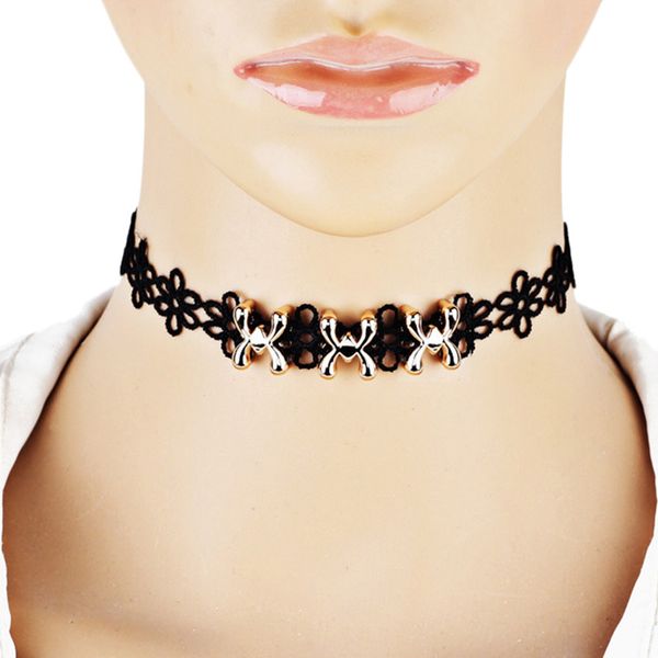 

woman black lace strip geometry flower chokers necklace elegant fashion female collar party jewelry neck accessories, Golden;silver