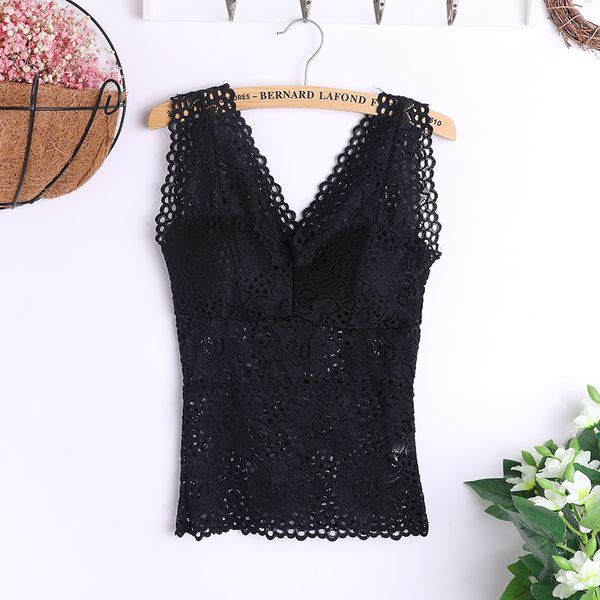 

women's crop floral cami padded tank lace cami bralette crochet vest, Black;white