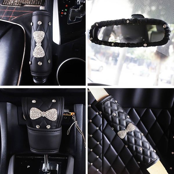 

car seat belt cover leather seat belt shoulder pad protection bowknot crystal rhinestones shifter gear cover hand brake covers