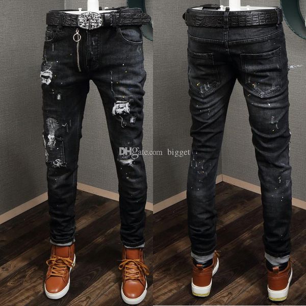 

black damaged jeans distressed vintage wash paint platters belt loops button fly logo patch slim fitness denim trousers man, Blue
