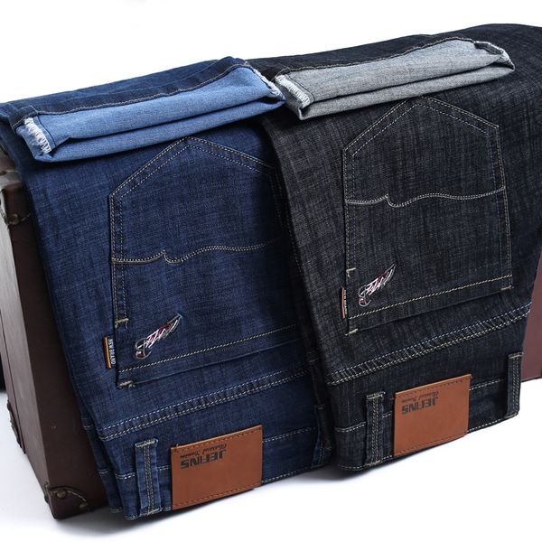 

cholyl big size 42 44 46 mens thin light jeans summer new business casual stretch classic denim pants slim fit straight trousers, Blue