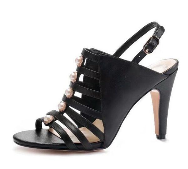 

original box] new chan3l womens high heel pumps 85mm sandals summer sheepskin buckle strap shoes size 35-40, Black