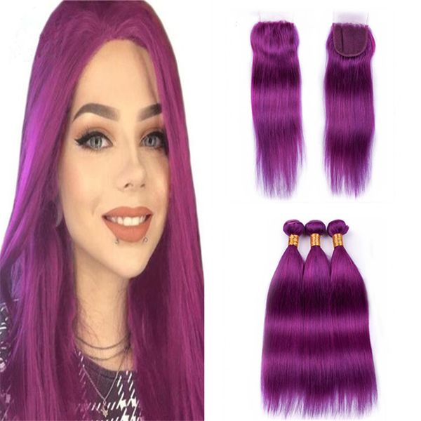 2019 Virgin Brazilian Purple Hair Weave 3 Bundles With Lace