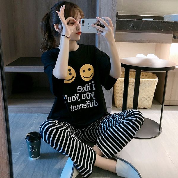 

trousers pajamas home pajamas women's summer cotton short-sleeved trousers cute women's home clothes set thin, Blue;red