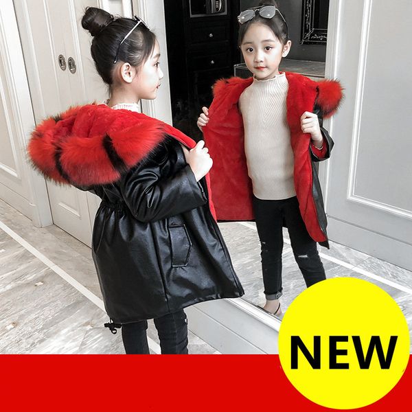 

2019 winter girl trench coat children long pu leather jacket with faux fur jacket coats warm windbreaker outerwear for baby girl, Blue;gray