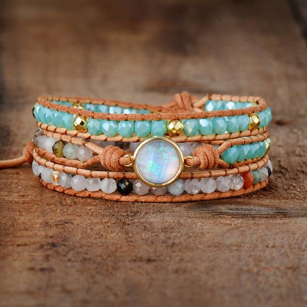 

women bracelets natural opal stone 3 rows leather wrap bracelet fancy femme boho bracelets dropship t191230, Golden;silver