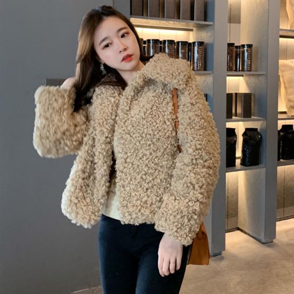 

faux fur coat imitation sheep curl fur jacket female winter fashion long sleeve jacket plus size slim casual warm outweat l1812, Black