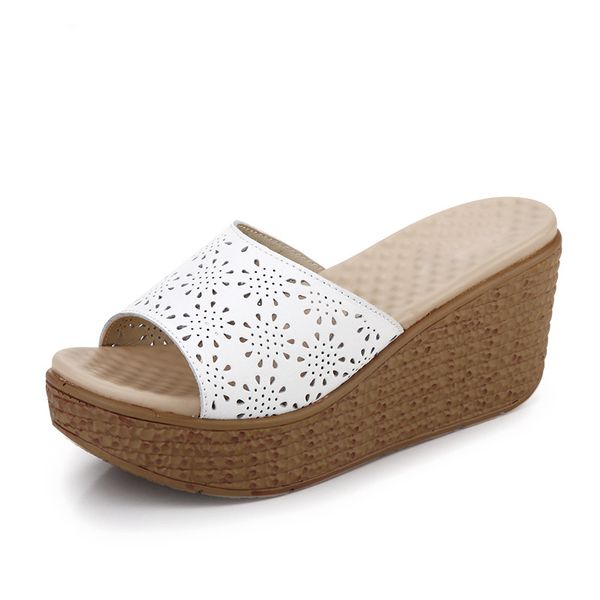 

2020 cutout genuine leather summer slippers shoes women mules platform flip flops open toe outdoor slides wedge sandals, Black