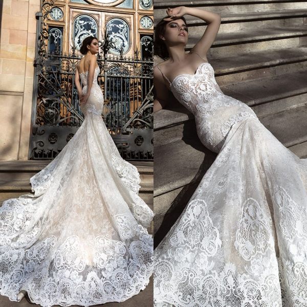 

2019 mermaid lace wedding dresses beaded spaghetti straps appliqued bridal gowns chapel train trumpet vestido de novia, White
