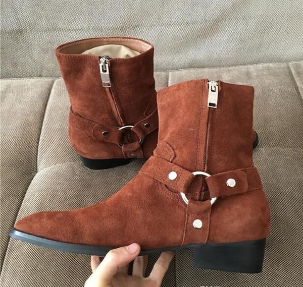 

handmade kanye west dark brwon suede slp genuine leather ankle strap zipper high boots, Black