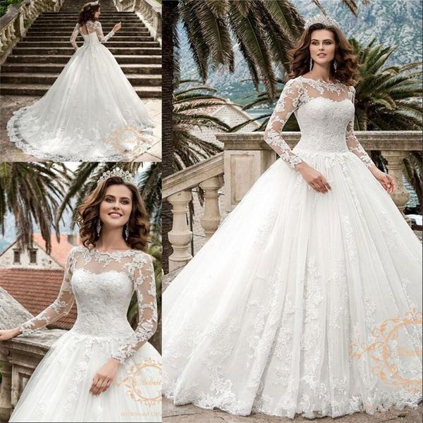 

appliques tulle long sleeves bridal dress corset back robe de mariee graceful princess a line wedding dresses 2020 new, White