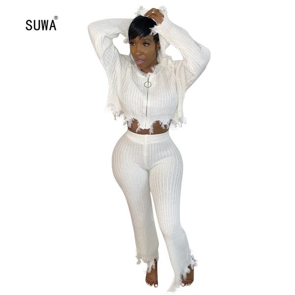 

newon spring vintage white 2 piece set fashion streetwear women hooded collar zip up short jacket and pencil pants outfits