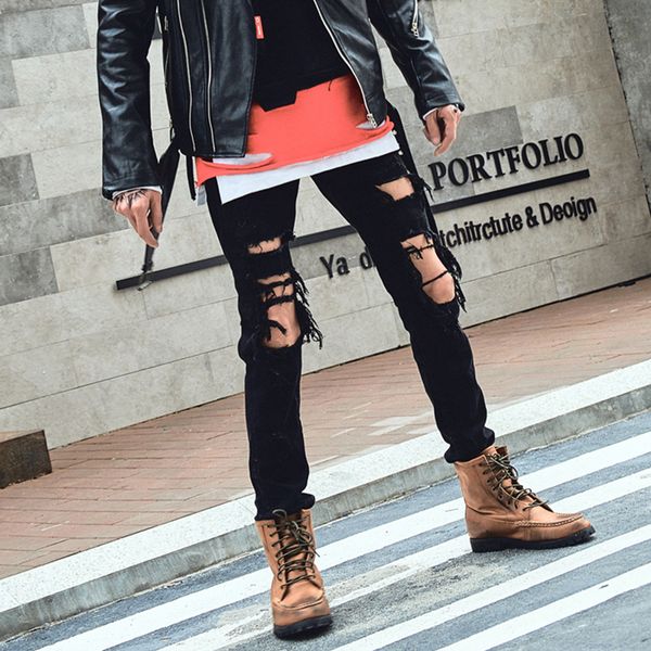 

summer streetwear hip hop punk black hole pants men destroy beggar hollow jeans male fashion slim fit skinny denim trousers, Blue