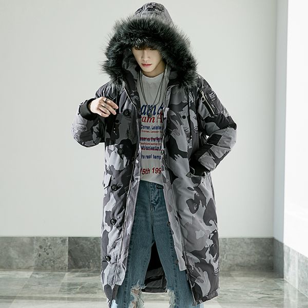 

nice camouflage parka men coats winter jacket men thicken fur hooded outwear warm coat casual long mens coat, Black